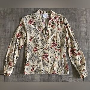 80's Vintage Floral Ruffle 100% Silk Blouse Size 4 By Tess